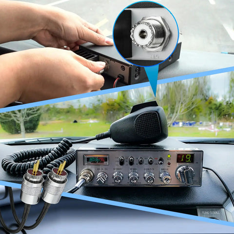 PL259 UHF Male Coaxial Connectors Set 10 Pack Solder Type 50 Ohm shown with CB radio and cable connection setup