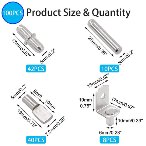 Top Shelf 100 Piece Nickel Plated Shelf Pins Kit With Four Styles For Cabinets Closets And Furniture Heavy Duty Zinc Alloy Pegs showing quantities and sizes of shelf pins.