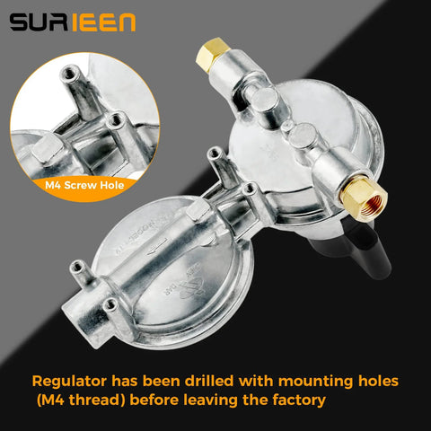 Surieen two-stage automatic changeover LP propane regulator for RVs; metal body with M4 mounting holes