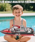 Child holding Remote Control Fire Rescue Boat For Kids With One Key Water Spray beside pool, showcasing size and features