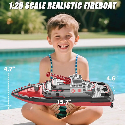 Child holding Remote Control Fire Rescue Boat For Kids With One Key Water Spray beside pool, showcasing size and features