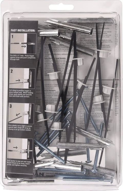 Self Drilling Pull Toggle Anchors Three Sixteenth Inch White 12 Pack For Hollow Walls, package with anchors and screws