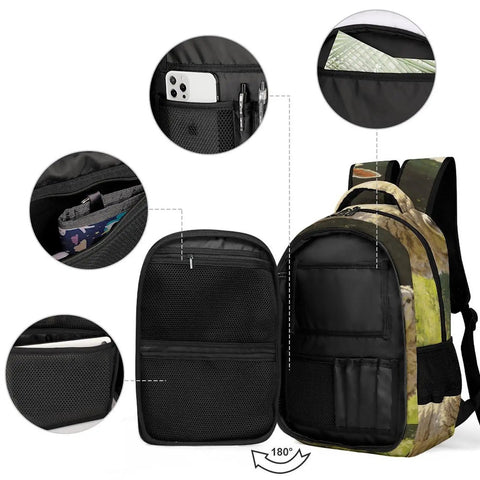 Forest Meadow Wool Sheep Printed Unisex Backpack showing large capacity compartments, durable breathable polyester fabric, and smooth zipper.