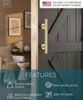 Dope 12 Inch Brushed Brass Gold Barn Door Handle Kit With Solid Aluminum Pulls And Flush Handles installed on wooden door