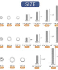Heavy Duty Carbon Steel Nuts And Bolts Kit 265 Piece Assortment For Home And Workshop, size and quantity details.