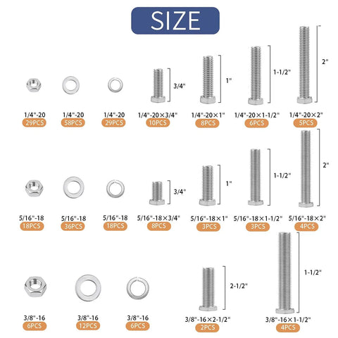 Heavy Duty Carbon Steel Nuts And Bolts Kit 265 Piece Assortment For Home And Workshop, size and quantity details.
