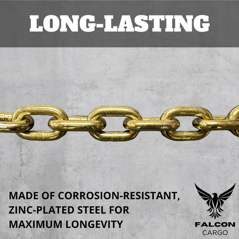 Close-up of 3/8 Inch Grade 70 Transport Binder Chain 10 Ft With 6,600 Lbs WLL Zinc Plated Steel Clevis Grab Hooks