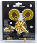 Forney argon/CO2 regulator kit for MIG welder, brass dual-gauge regulator with yellow caps, front view in packaging