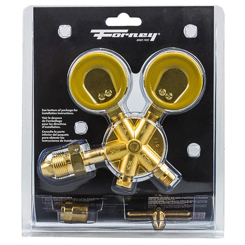 Forney argon/CO2 regulator kit for MIG welder, brass dual-gauge regulator with yellow caps, front view in packaging