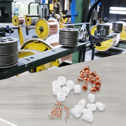 Premium 46-Piece Plasma Cutter Consumables Kit For Cut40 Plus Cut50 And 40D Machines with copper tips and white nozzles on wood.
