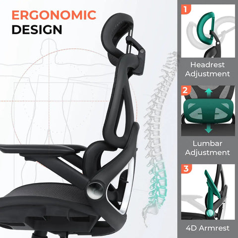 Side view of ergonomic mesh office chair with adjustable lumbar support, high back, 3D headrest, and 4D armrests.