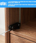 Heavy Duty Glass Door Hinge Sets With Rust Resistant Heavy Gauge Iron, showing hinge clamp on glass shelf corner.