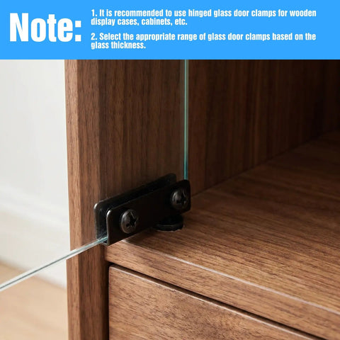 Heavy Duty Glass Door Hinge Sets With Rust Resistant Heavy Gauge Iron, showing hinge clamp on glass shelf corner.