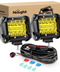 4 Inch Yellow LED Pods Dual Pack 60W Flood And Spot Combo Driving Fog Lights with wiring harness and connectors visible