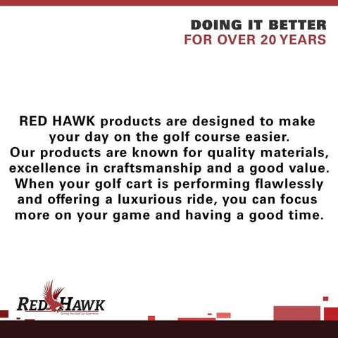 Text graphic about Red Hawk golf cart products, highlighting quality craftsmanship and over 20 years of service.