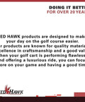 Red Hawk product description emphasizing quality materials and craftsmanship for golf carts, highlighted by "Doing It Better for Over 20 Years."