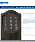 Camelot Touch Deadbolt With Keyless Entry Quick Setup With 2 Pre Programmed Codes And Room For Up To 19 Codes Aged Bronze Finish