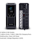 Front and rear view of Intelligent LCD UPS Battery Backup And Surge Protector With 1500VA 900W Power 12 Outlets And 2 USB Ports