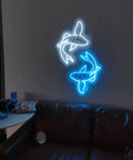 Koi Fish Neon Sign Ice Blue And White LED Light Art, 14 Inch Acrylic Flex Neon, 3D Engraved Signage above leather couch for home decor