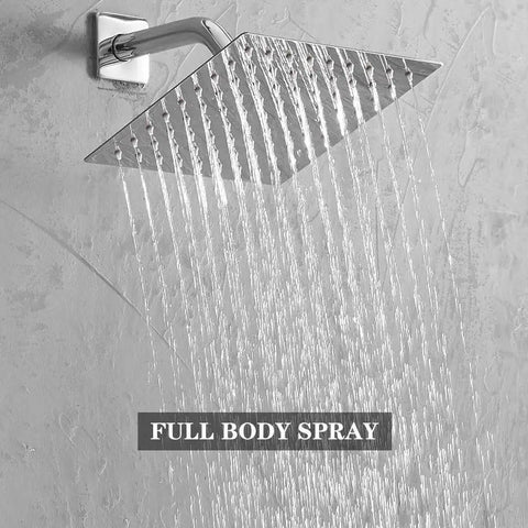 Single Function Shower Trim Kit With Rough In Valve In Polished Chrome Square Stainless Steel Rain Shower Head Brass Wall Mount Valve Half Inch NPT Luxury Adjustable Rainfall Shower System No Fuss Install full body spray image