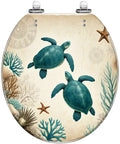 Teal Resin Toilet Seat for Bathroom with sea turtle design and coral patterns, oval shape and chrome hinges.