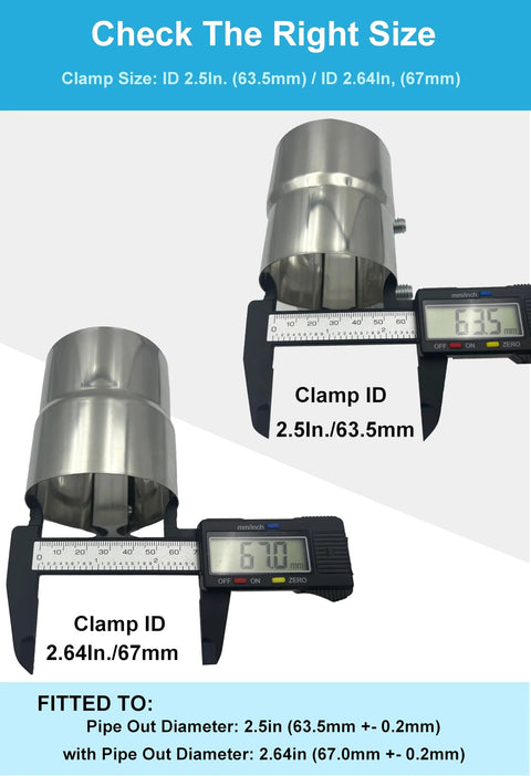 Front view of DecoHongDi stainless 2.5in exhaust clamp pair with calipers showing 63.5mm and 67mm IDs