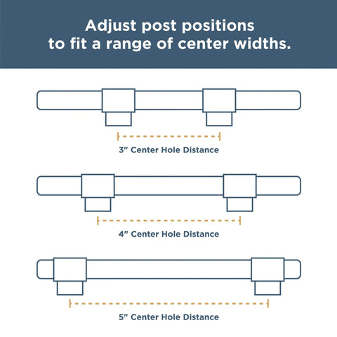 Diagram showing adjustable drawer pulls with 3, 4, 5 inch hole centers for Adjustable Drawer Pulls 5 Pack In Champagne Bronze With Fluted Edge.