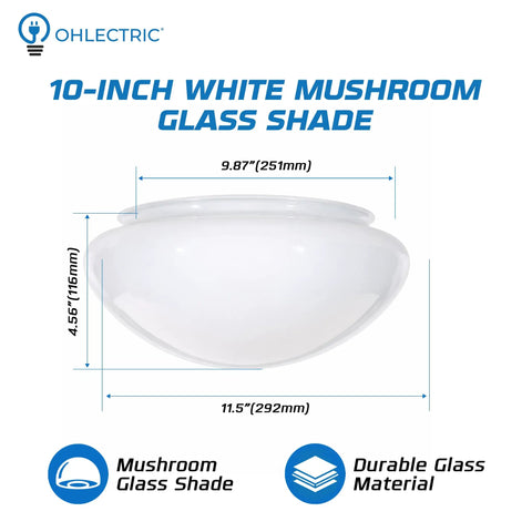 10-inch white mushroom glass shade with dimensions, durable glass, for home lighting; 8 Inch White Glass Mushroom Lampshade For Home Lighting Fits Standard Fitter Seven Eighths Inch 9.5 Inch Diameter 4 Inch Height Durable Clear Glass Shade For Cozy Living Room And Bedroom Decor.