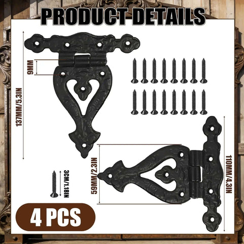 Set of 4 Antique Cast Iron T Hinges 5.3 Inch Built Tough Heavy Duty Black Powder Coated Flush Mount Hinges with Hardware overview