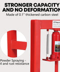 6 Ton Hydraulic H Frame Shop Press With Adjustable Table And Stamping Plates For Auto Repair And Metalworking In Garage Use Beefy Workhorse For Bearing Removal U Joint Installations And Straightening Projects Red, close-up of red carbon steel frame and hydraulic cylinder.