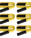Six Pack 1x8 Lift Sling Straps With Wear Guard Ends, yellow polyester web slings folded with black wear guards