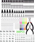 All-In-One 368-Piece Zipper Repair Kit With 2 Installation Pliers, visible sliders, pulls, and replacement parts on display.