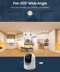 Indoor Security Cam With 360 Pan Tilt, 1080P HD WiFi Surveillance displaying wide-angle living room view