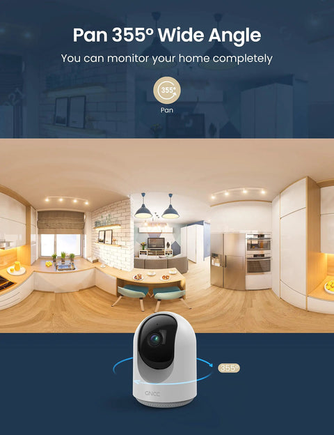 Indoor Security Cam With 360 Pan Tilt, 1080P HD WiFi Surveillance displaying wide-angle living room view