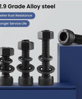 Heavy Duty M5 Screws Kit 128 PC Set With Hex Socket Cap Bolts, Nuts, Washers, 12.9 Grade Alloy Steel Fasteners displayed