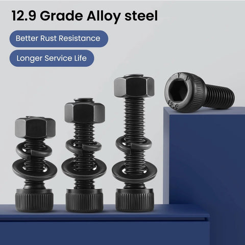 M5 Hex Socket Head Cap Screws Bolts Kit With Nuts And Flat And Lock Washers 60 Sets For Heavy Duty Projects 12.9 Grade Steel