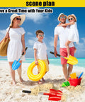 Family on beach with Long Handle Beach Shovel Set 24 Inch Sand Shovels, colorful shovels in blue, yellow, red for kids and adults.