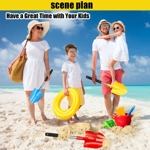 Family on beach with Long Handle Beach Shovel Set 24 Inch Sand Shovels, colorful shovels in blue, yellow, red for kids and adults.