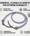 Straight Up Heavy Duty Electrical AC Whip Kit With Six Feet Liquid Tight Conduit And Pre Wired Eight Gauge Copper Conductors close-up, showcasing flexibility and durability.