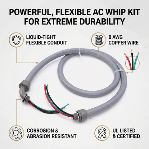 Straight Up Heavy Duty Electrical AC Whip Kit With Six Feet Liquid Tight Conduit And Pre Wired Eight Gauge Copper Conductors close-up, showcasing flexibility and durability.