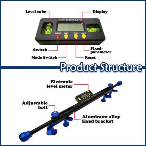 Car Steering Wheel Level Alignment Tool Featuring 0.1 Degree Accuracy Max Dia 13.8 Inch Auto Shop Essential showing digital level display with controls and adjustable components.