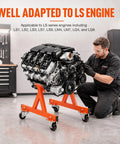 Heavy Duty Rolling LS Engine Stand Cradle Built Like A Tank For Gm Chevy Lsx Swap, showing an LS engine being worked on by a mechanic.