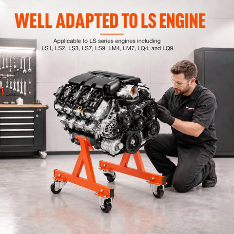 Heavy Duty Rolling LS Engine Stand Cradle Built Like A Tank For Gm Chevy Lsx Swap, showing an LS engine being worked on by a mechanic.