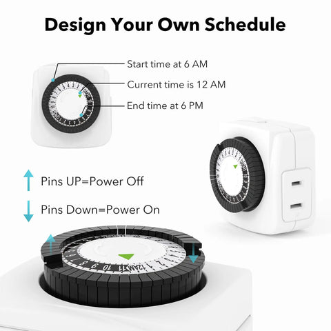 Indoor Outlet Timer 2 Pack Mechanical 2 Prong 24 Hour Mini Lamp Timers For Lamps Fans Fish Tanks LED Lights And More Easy To Use No Brainer Pin Up Pin Down Control showing time settings.