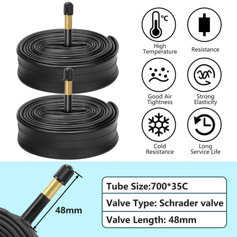 Two Pack 700x35C Foldable Road Bike Tires With Inner Tubes, Repair Kit, Rim Strips And Tire Levers Schrader Valve 48mm Black AV Compatible