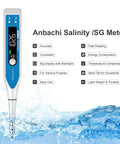 Salinity Meter 3 In 1 Saltwater Tester For Aquarium Marine Pool And Hydroponics, Specific Gravity Salinity And Temperature Pen Hydrometer, No Fuss Pro Grade Backlit LCD With ATC And Fast Accurate Readings. Blue handheld probe meter in water with digital display