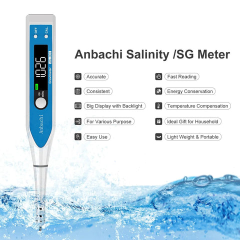 Salinity Meter 3 In 1 Saltwater Tester For Aquarium Marine Pool And Hydroponics, Specific Gravity Salinity And Temperature Pen Hydrometer, No Fuss Pro Grade Backlit LCD With ATC And Fast Accurate Readings. Blue handheld probe meter in water with digital display
