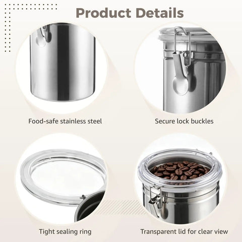 Heavy Duty Stainless Steel Canisters With Airtight Lock Buckles No Sweat Food Storage Jars showing secure lock buckles and tight sealing ring.