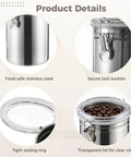 Top Shelf Stainless Steel Canister Set With Secure Lock Lids And Handy Spoons showing secure lock buckles and transparent lids.