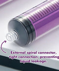 Close-up of the purple plunger and external spiral connector on the 8 Piece 60ML External Spiral Syringe Set With Purple Plunger And Sealing Screw Cap For Pet Feeding Lab Use And Liquid Dispensing Built Different Construction For Zero Sweat Accuracy.